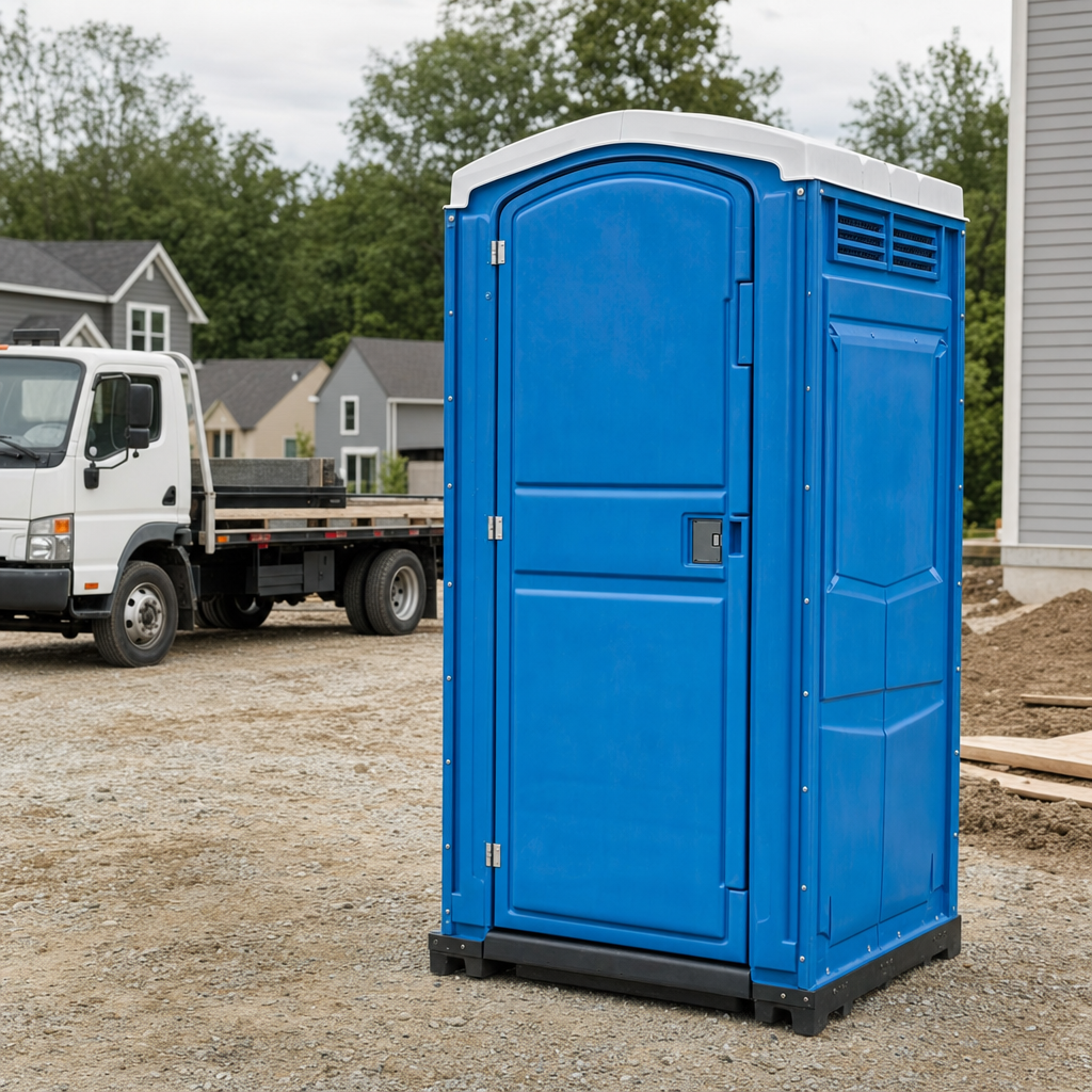 Delivery driver positioning a clean royal-blue portable toilet on level ground at a Lapuente worksite