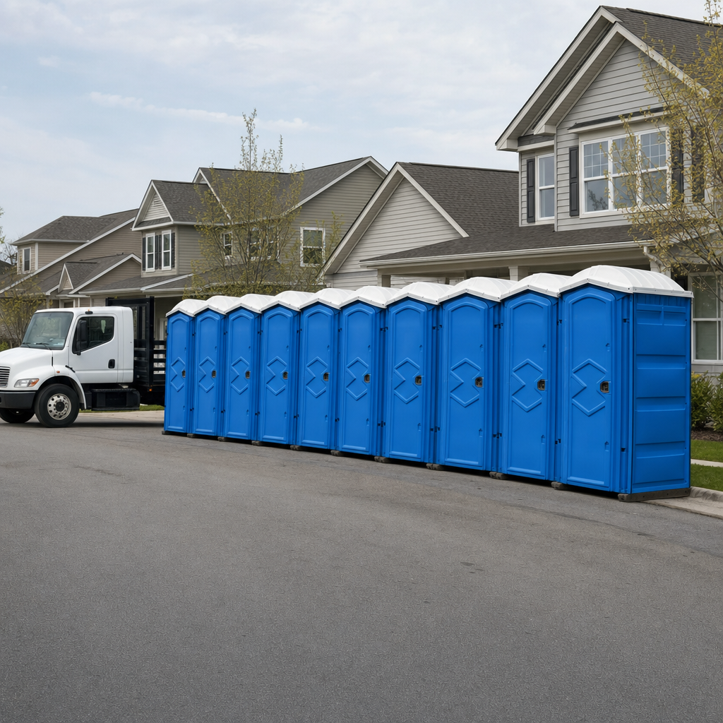 Royal blue portable toilets staged in a tidy row at a Lapuente jobsite, ready for delivery